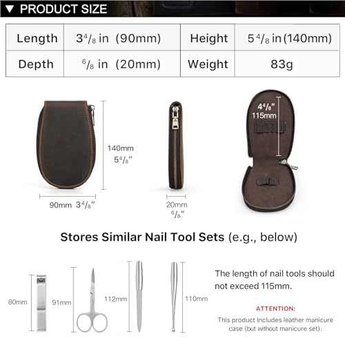 Hiram Handmade Leather Manicure Set Case 6 Slot Nail Tool Organizer Pouch with Elastic Bands & Loops Oil Nubuck Cowhide Travel Case for Grooming Kits Soft Leather Zip Closure 6 slots