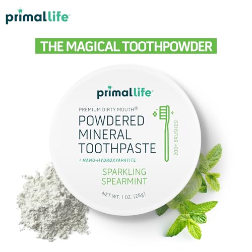 Primal Life Organics - Dirty Mouth Toothpowder, Tooth Cleaning Powder, Flavored Essential Oils with Natural Kaolin & Bentonite Clay, Good for 200+ Brushings, Paleo, Organic, Vegan (Spearmint, 1 oz) 1 Ounce (Pack of 1) Sparkling Spearmint