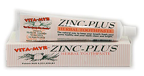 Vita-Myr Oral Care Zinc+ 4 Oz Pack of 6 Toothpaste, Sugar Free, Fluoride Free, Gluten Free, SLS Free, Alcohol/Peroxide Free, Saccharin Free, Artificial Sweetener/Color Free, Made in USA
