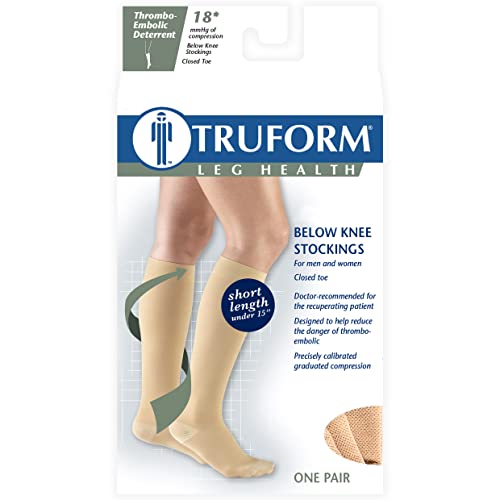 Truform Anti-Embolism Medical Compression Stockings for Post Surgery Hospital Recovery, DVT, Edema, Swelling, Embolism, 18 mmHg, Men & Women Knee High Length, Closed Toe, Beige, Large (short length) Large (1 Pair)
