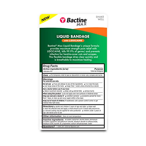 Bactine MAX Liquid Bandage with Lidocaine, Wound Cleaning Solution That Kills 99% of Germs, Covers and Protects Skin, Fast-Drying Protective Seal, 0.30 fl oz 0.30 Fl Oz, pack of 1