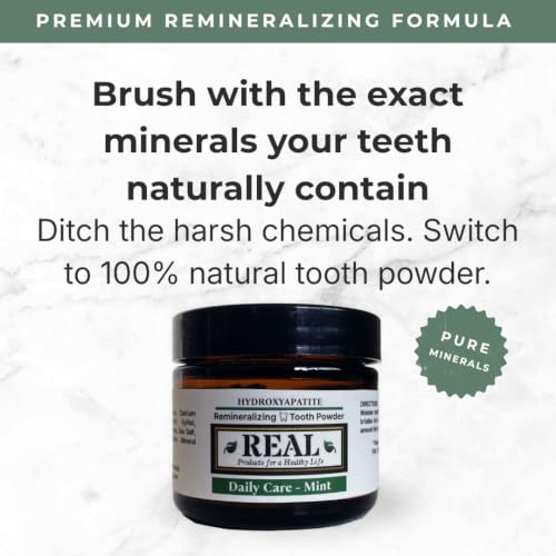 Real Products Hydroxyapatite Remineralizing Tooth Powder, Daily Care, Mint Flavor, with Xylitol, Sea Salt and Humic/Fulvic Minerals, 2 oz (Mint)