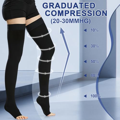 Beister 1 Pair Medical Open Toe Thigh High Compression Stockings with Silicone Band for Women & Men, Firm 20-30 mmHg Graduated Support for Varicose Veins, Edema, Flight. Large (Pack of 1) Black