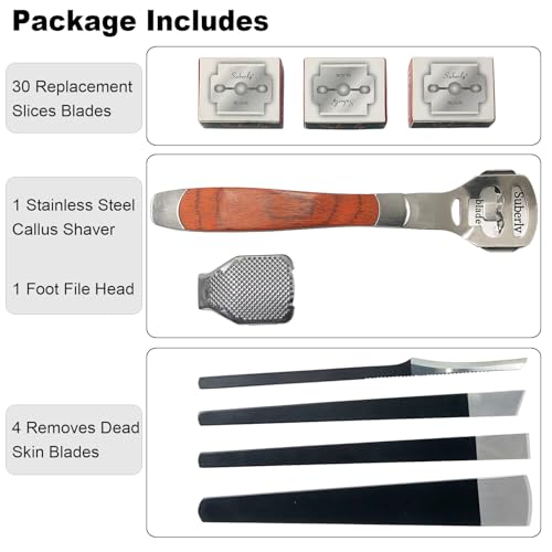 36 Pcs Callus Shaver for Feet Set, Foot Callus Shaver, (1 Stainless Foot File &1 Foot File Heads & 4 Pedicure Knife & 30 Replacement Slices Blades) B-set