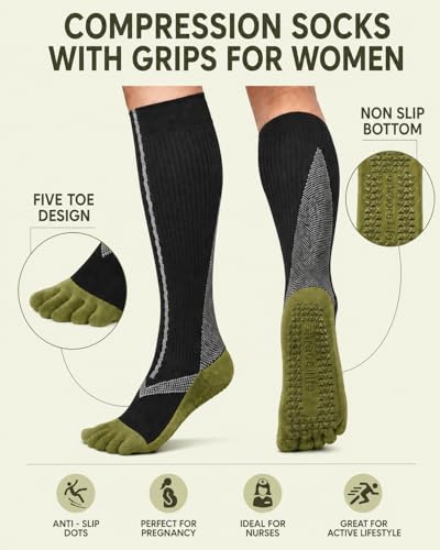 Compression Socks for Women with Grips Knee High Toe Socks Grippy Socks Woman Non Slip for Pregnancy Nurse Athletic Small-Medium A02-five Toe-black/White