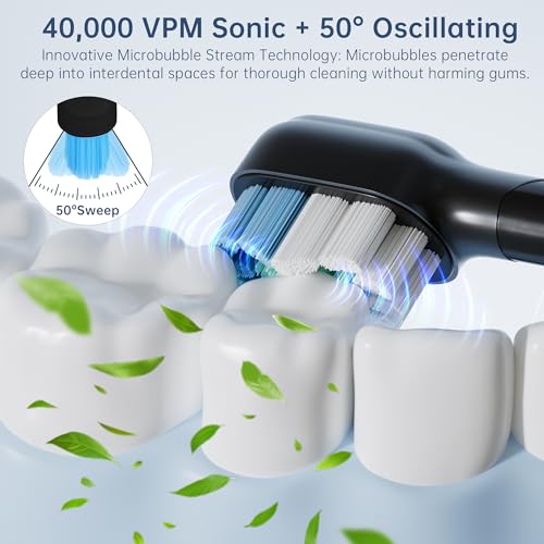 Sonic Electric Toothbrush, 40,000 VPM, 6 Modes, White, with 6 Brush Heads and Travel Case (Black) Black