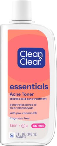 Clean & Clear Essentials Oil-Free Acne Toner, 2% Salicylic Acid Acne Treatment, Gentle Facial Toner for Pimples Cleanses Pores to Clear & Remove Blackheads, Fragrance Free, 8 fl. oz (Pack of 2) 8 Fl Oz (Pack of 2)