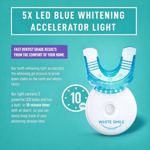 White Smile Teeth Whitening Kit with LED Light System, 35% Carbamide Peroxide, 3 Gel Syringes, Mouth Tray, 10-Minute Treatment, Non-Sensitive Formula, Stain Removal, Whitens up to 10 Shades in 7 Days