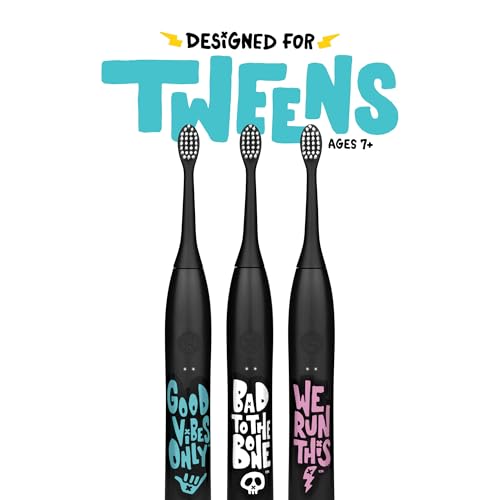 Made by Dentists Sonic X Electric Toothbrush – Rechargeable Kids Sonic Toothbrush, 8X Plaque Removal, 2 Speed Modes, 2-Minute Timer 6 Brush Heads Included, Tweens Ages 7+, Good Vibes Only Edition Black and Blue