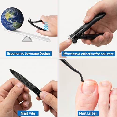 Nail Clippers Set Box, 4 Pcs-Stainless Steel Large Toenail Clippers for Thick Nails, Heavy Duty Slanted Nail Clipper with Nail File, Nail Lifter, Long Handled Fingernail Cutter for Men & Women 4Pcs Nail Clippers Set-black