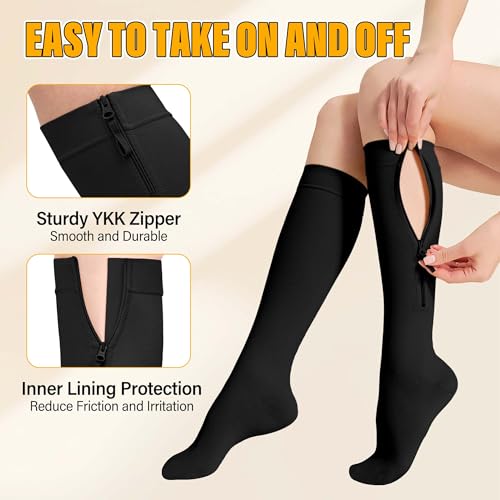 Zipper Compression Socks Men Women 15-20 mmHg Knee High Zip Up Black 4X-Large
