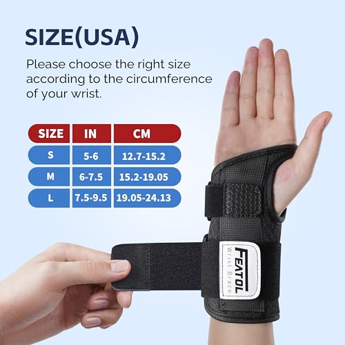 FEATOL 2 Pack Carpal Tunnel Wrist Brace For Work With Wrist Splint, 6.5'' Hand Brace Night Support For Women Men, Pain Relief For Tendonitis, Arthritis, Pregnancy, Typing, Right and Left Hand, Small Black