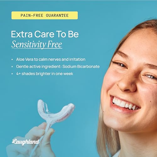 Laughland Sensitive Whitening Kit + 3 Extra Gel Refills (12 Total Treatments), Phone-Powered LED Mouthpiece, Sodium Bicarbonate & Aloe Vera Formula, for Sensitive Teeth, at-Home Whitening Bundle