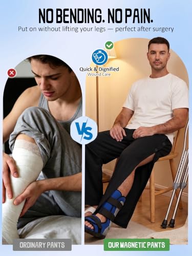 Men's Magnetic Tear Away Side Snap Open Pants Catheter Adaptive Post Surgery Knee Ankle Rehab Pants for Recovery Wear Small Black