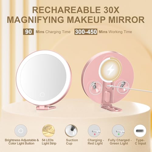 Mocado 30x Magnifying Mirror with Light, 6" Magnifying Mirror Suction Cup 30xmagnifying-rose Gold
