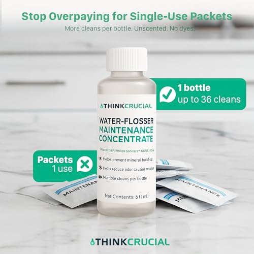 Up to 36 Cleans Think Crucial Water Flosser Cleaner & Descaler Rinse 6oz Super Concentrate - Compatible with All Waterpik Models (WP-660/662, WP-580, WP-560, WP-100) & Philips Sonicare 3000 & More