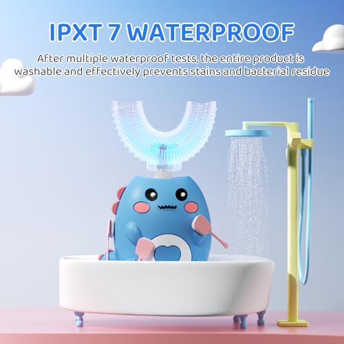 Kids U Shaped Electric Toothbrush, with 3 Cleaning Modes, with 4 Brush Heads, 360° Sonic Automatic Toothbrush, IPX7 Waterproof Cartoon Dinosaur Design (Ages 2-12) Dark Blue+c