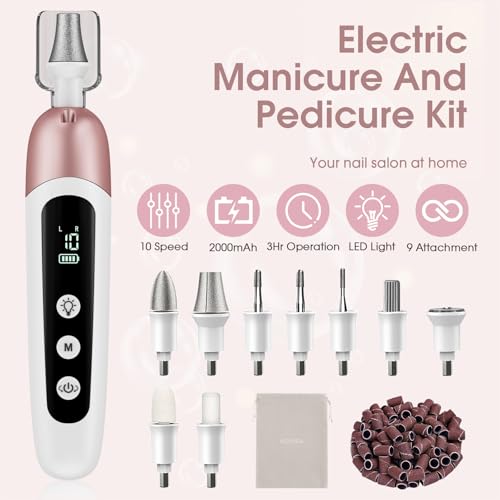 Cordless Electric Nail File Set, Professional Manicure Pedicure Kit with Memory Modes, 10 Speed Portable Nail Drill Machine, Pedicure Tools for feet, Hand Foot Care Tool for Thick Nail Toenail Cuticle Pink-Standard
