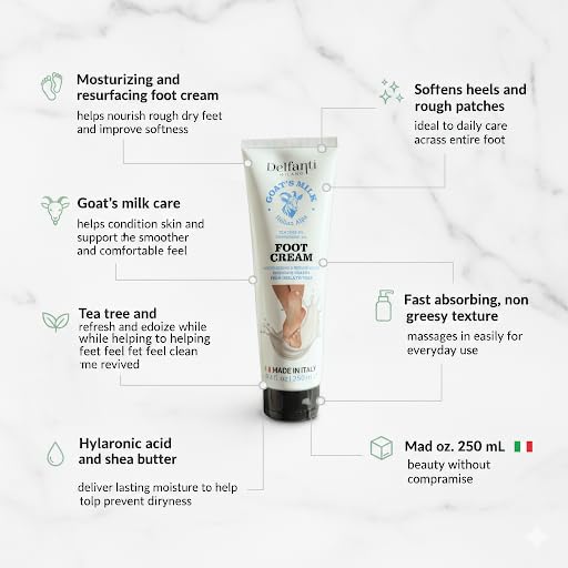 Delfanti-Milano - Goats Milk Moisturizing and Resurfaceing Foot Cream • Tea tree and Peppermint oils • 8.4 oz 250mL • Made in Italy