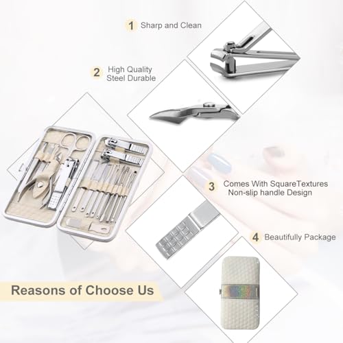 Yougai Nail Clippers set for Men and Womens Gift Manicure Set 18 Pieces Stainless Steel Manicure Kit,Nail Care Tools with Luxurious Travel Case Beige