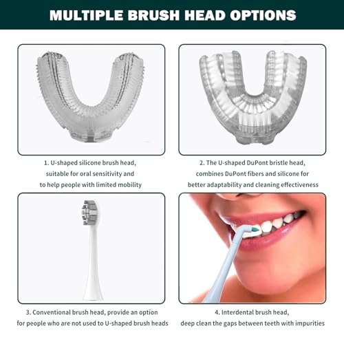 360° U-Shaped Automatic Sonic Toothbrush for Adults, Suitable for People with Limited Mobility Original Newupgrade Electric Toothbrushes, Multiple Brush Heads Options,IPX7 Waterproof White