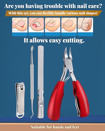 Nail Clippers Set,Toe Nail Clippers for Ingrown & Thick Toenails,Toe Nail Clippers for Thick Nails for Seniors Men Women,Professional Heavy Duty Toenail Clippers with Stainless Steel 4Pcs (red) Ingrown Toenails