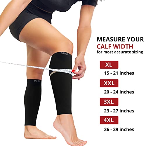 BAMS Plus Size Calf Compression Sleeve for Women & Men, Viscose from Bamboo Extra Wide Leg Support for Shin Splints, Leg Pain Relief and Support, Swelling, Travel (Calf Black, XXL) XX-Large