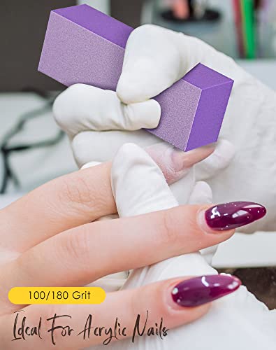Maryton Nail Buffer Block, Medium/Fine Grit 100/180 Finishing Buffers for Acrylic Nails Gel Polish Nails, 3 Way Professional Pedicure Manicure Buffer Kits, 5 Count (Purple) Purple - 5ct - Finishing Buffer