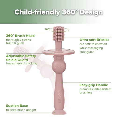haakaa 360° Baby Toothbrush with Suction Base - Food-Grade Silicone, Adjustable Safety Shield - Blush+Lavender (2 PCS)
