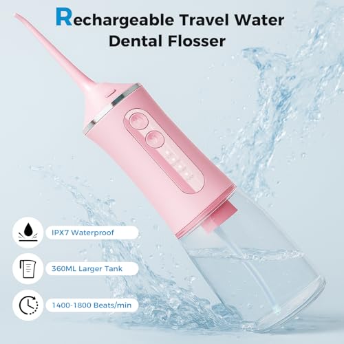 LINKEVAP Water Flosser for Teeth Pick,360ML Rechargeable Travel Oral Irrigator Cleaner,IPX7 Waterproof Daily Dental Care Machine for Home (Pink) Pink