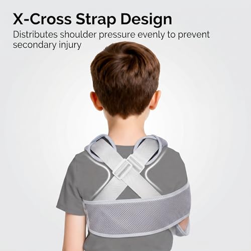 Kids Arm Sling, Adjustable X-Cross Shoulder Immobilizer with Breathable Mesh Padding for Broken Fractured Arm Wrist Elbow Injury, Left Right Universal, Gray, S