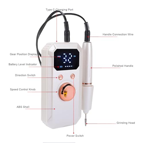 Professional Electric Nail Drill, 32 Speeds Cordless Nail File Machine, Rechargeable Polisher with 1600mAh Battery & 11 Drill Bits, Ideal for Shaping Polishing Removing Gel