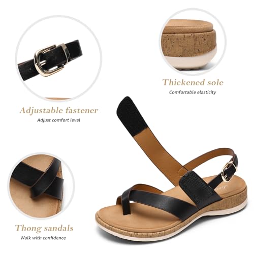 Littleplum Women's Orthopedic Arch Support Sandals Comfortable Thong Flip Flops Adjustable Ankle Strap Open Toe Walking Flat Sandals 8.5 Classic Black