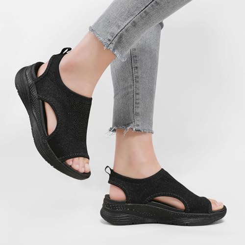 Womens Comfortable Orthopedic Sandals Arch Support Ladies Walking Sport Athletic Sandals Open Toe Slip On Plantar Fasciitis Platform Dress Sandal 2 Inches Heel 9 Black