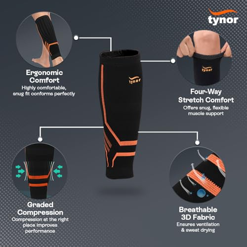TYNOR Calf Compression Sleeves for Men and Women Calf Brace Adjustable Shin Splint Support - Lower Leg Compression Wrap for Shin Splints,Pain Relief, Circulation, Muscle Swelling, Small, 1 Pair Black & Orange S