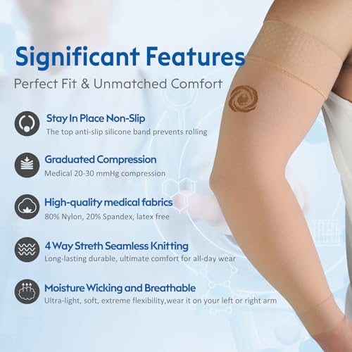 NURCOM Compression Arm Sleeve, 20-30 mmHg, With Silicone, Beige 2XL Beige(with Silicone Top Band) XX-Large(2 Pack)