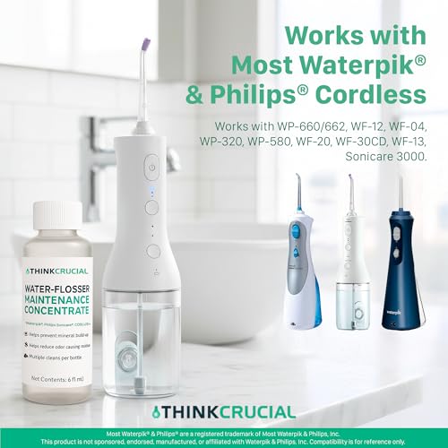 Up to 36 Cleans Think Crucial Water Flosser Cleaner & Descaler Rinse 6oz Super Concentrate - Compatible with All Waterpik Models (WP-660/662, WP-580, WP-560, WP-100) & Philips Sonicare 3000 & More
