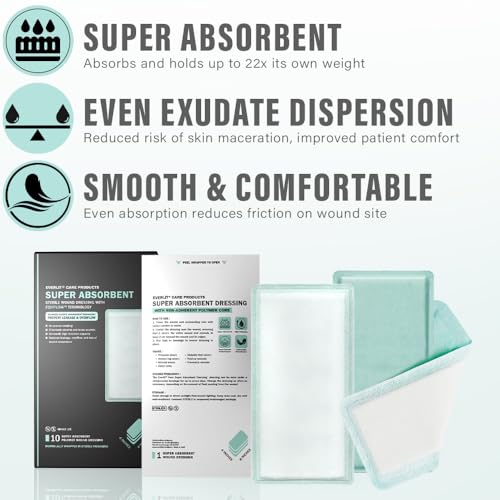 EVERLIT CARE EquiFlow Super Absorbent Dressing for Heavily Exuding Wound | Fast-Absorbing Non-Adhesive Polymer Dressing with Nonstick Gauze Pad | High Absorption & Retention | Pack of 10 (4" x 8") 4" x 8"