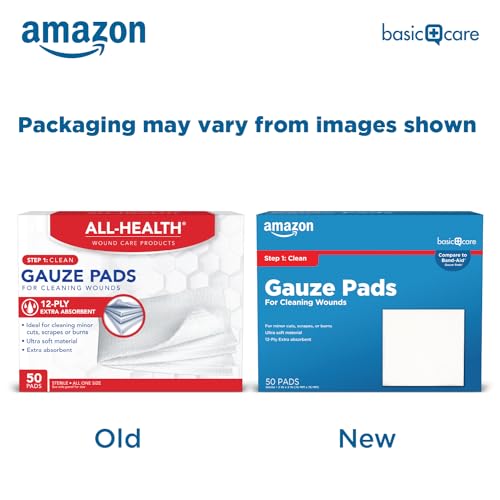 Amazon Basic Care Gauze Pads, 3x3 inches Sterile Medical Wound Dressing Sponges, 12-Ply, Ultra Soft, Extra Absorbent, 50 Count, 1-Pack (Previously All Health) 3x3 Inch (Pack of 1)