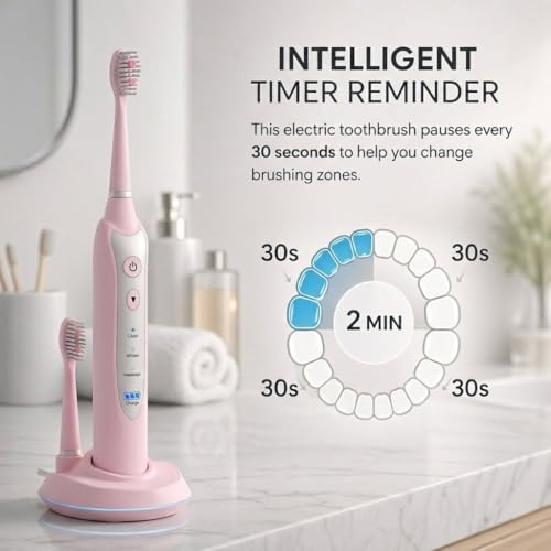Sonic Electric Toothbrush for Adults - Rechargeable Power Toothbrush with 5 Soft Bristle Heads, Travel Case, 3 Cleaning Modes & Smart Timer, IPX7 Waterproof Pink