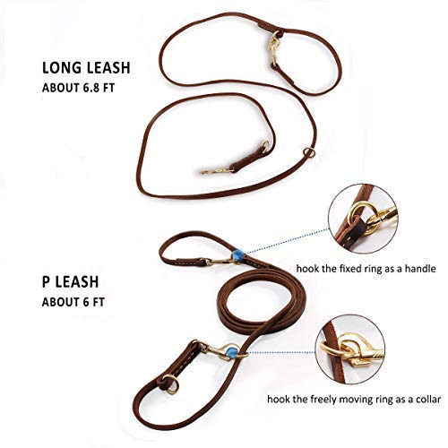 Multi Function 8ft Leather Dog Leash, Genuine Leather Hands Free Leash for Small, Medium and Large Dogs Brown 8ft*1/2inch