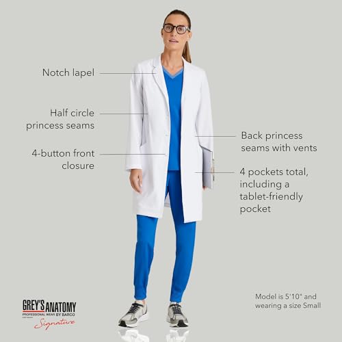 BARCO Grey's Anatomy Scrubs Signature - Penelope Lab Coat for Women, Professional Full-Length 4-Button Long Sleeve 35"- 37" XX-Small White