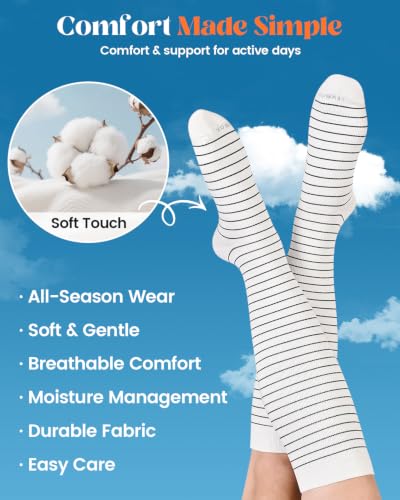 LEVSOX Cotton Compression Socks for Women Men 20-30 mmHg Knee High Cute Support Sock for Nurses Flying Pregnancy Medium-Large 4 Pairs-striped 1