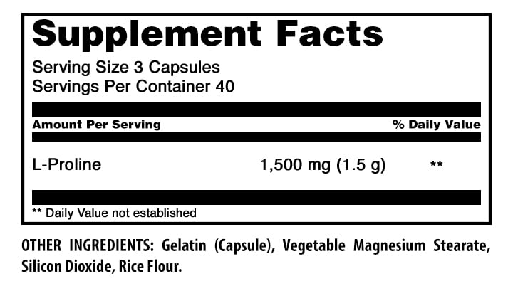 Amazing Formulas L-Proline 1500 Mg | Capsules Supplement | Non-GMO | Gluten-Free | Made in USA (1 Pack | 120 Count)