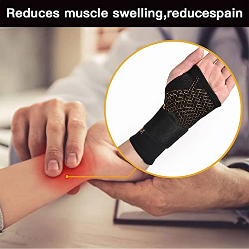 INDEEMAX Copper Wrist Compression Sleeve 1 Pair, Comfortable Hand Brace Support with Strap for Arthritis, Tendonitis, Sprains, Workout, Carpal Tunnel - Left & Right - Women and Men L Black New