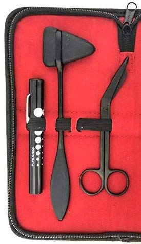 SurgicalOnline Percussion Taylor Reflex Hammer + C 128 & C 512 Tuning Forks + Bandage Scissors + Pupil Gauge Pen Light in Carrying Case - 6-Piece Set (Black)
