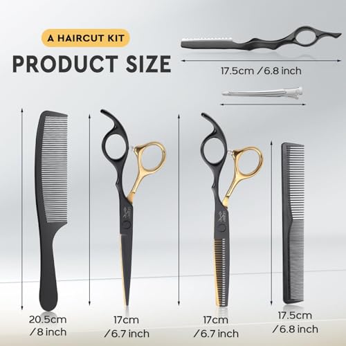 JASON Hair Cutting Scissors Set - 6" Professional 10-Piece Haircut Shears Black & Gold