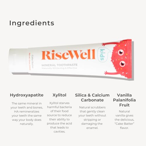 RiseWell Kids Mineral Toothpaste - Kids Hydroxyapatite Toothpaste - Made by Dentists, Safe to Swallow, No Added Fluoride and All Natural - Cake Batter Flavor, 3.4 Oz (Pack of 2) 3.4 Ounce (Pack of 2)