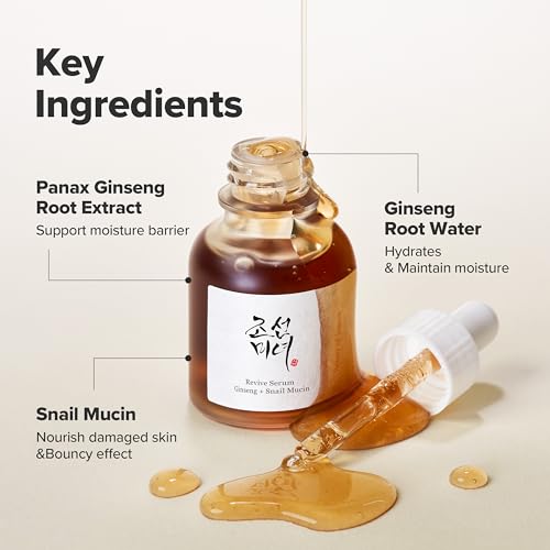 Beauty of Joseon Revive Snail Mucin Ginseng Serum Hydrating Peptide Facial Moisturizer Dark Spot Acne Scar Remover for Sensitive Face. Korean Skin Care for Men and Women (2 Fl.Oz.) 2 Fl Oz (Pack of 1)