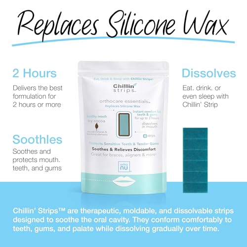 Chillin Strips, Therapeautic, Moldable and Dissolvable Strips, Replaces Orthodontic Wax for Braces, Dentures, Dental Appliances, 2+ Hours of Oral Pain Relief, Icy Cocoa, 6 Strips